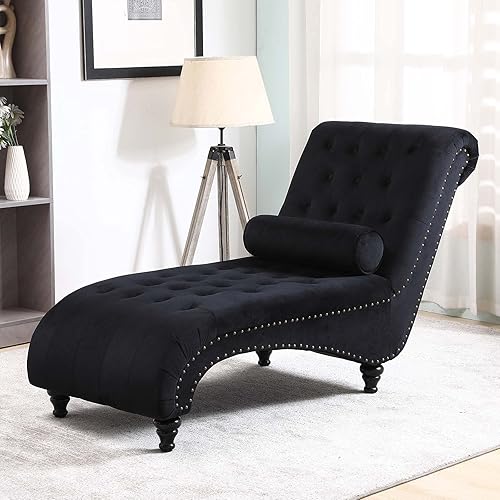 Miniatura 9 de ONPNO Chaise Lounge de terciopelo copetudo para interiores silla decorativa de ocio con almohada de lanzamiento para dormitorio negro