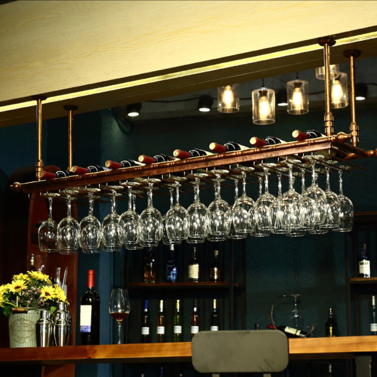 MESCXTY Ceiling Wine Rack Hanging,Metal Adjustable Shelf Cafe Racks, Stemware Glass Holder for Bar Kitchen