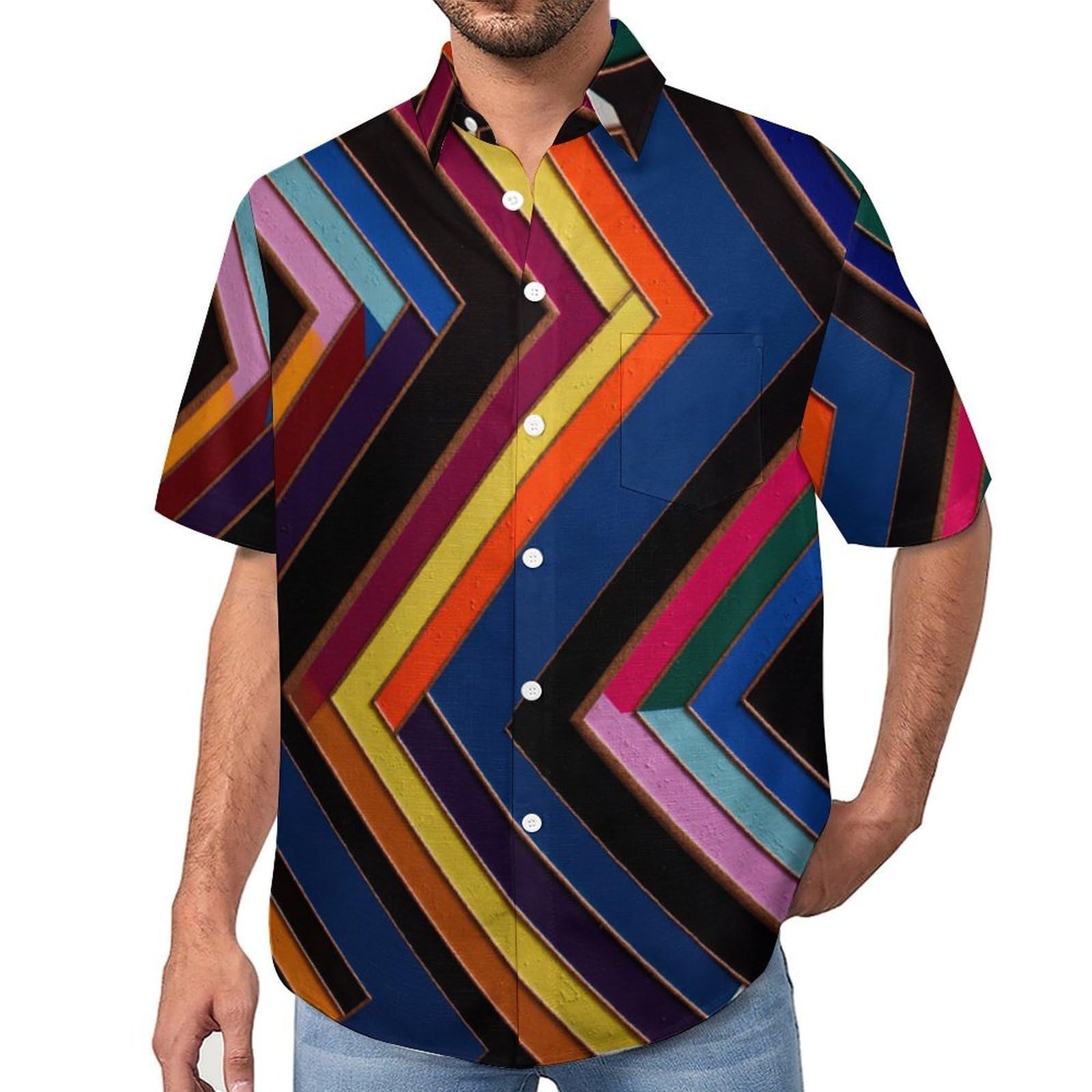Camicia da Uomo a Maniche Corte Funky, Righe Twill Geometriche Moderne, Aloha Camicias Estiva per la Spiaggia, vestibilità Normale con Bottoni, per Libero Vacanze