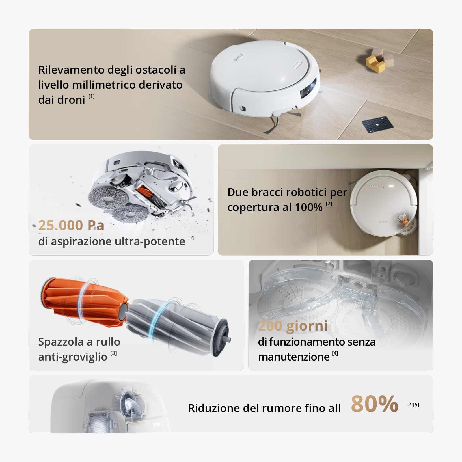DJI ROMO S robot aspirapolvere e lavapavimenti con 25.000 Pa di aspirazione, rilevamento a livello drone, funzionamento senza manutenzione per 200 giorni, lavaggio e asciugatura automatica del mop