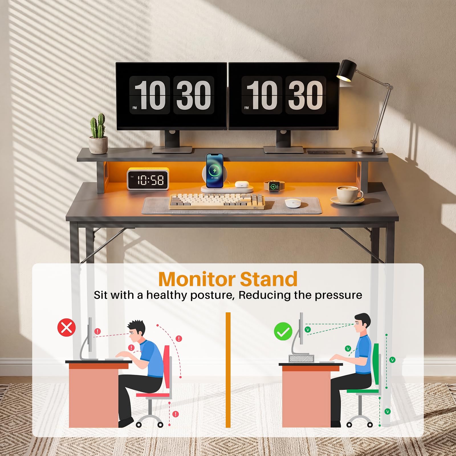 iSunirm Scrivania per computer con strisce elettriche, scrivania da gioco con luci LED, scrivania da lavoro per casa e ufficio con ripiano per monitor, nera