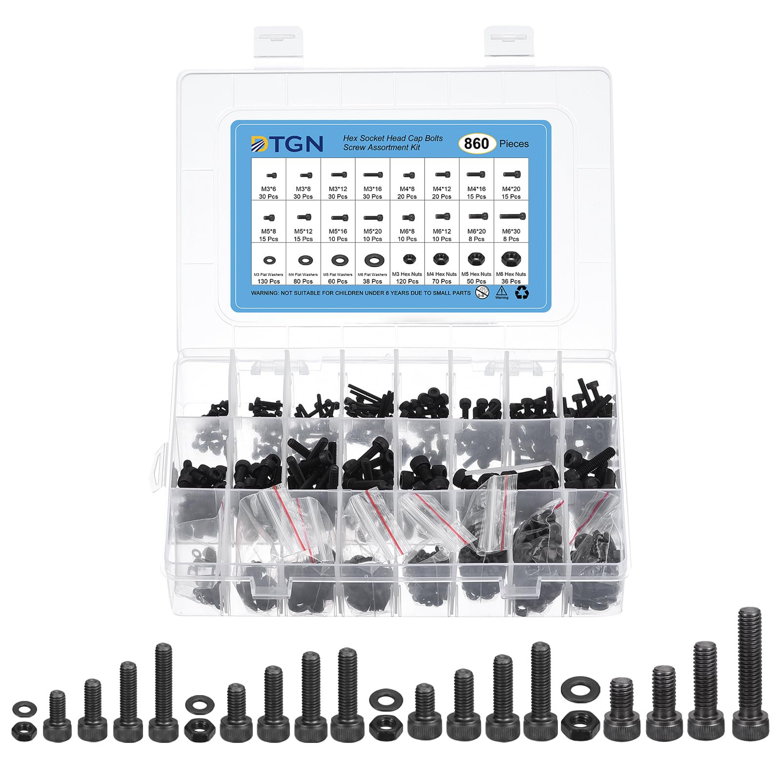 DTGN 860Pcs Metric Screw Assortment, M3/M4/M5/M6 Bolts and Nuts Kit