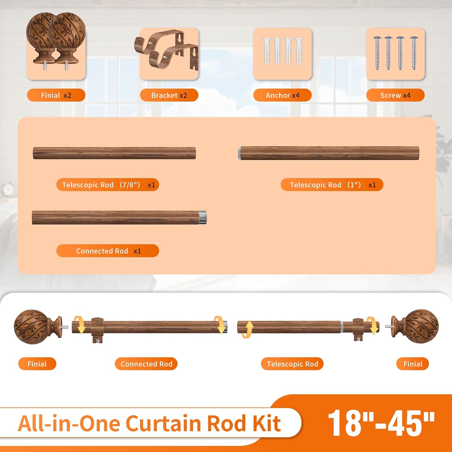Wood Curtain Rods for Windows 18 to 45 Inch, 1" Adjustable Heavy Duty Boho Drapery Rod Decorative Curtain Rods with Finials Rustic Window Treatment Rods for Kitchen Farmhouse Bedroom Patio