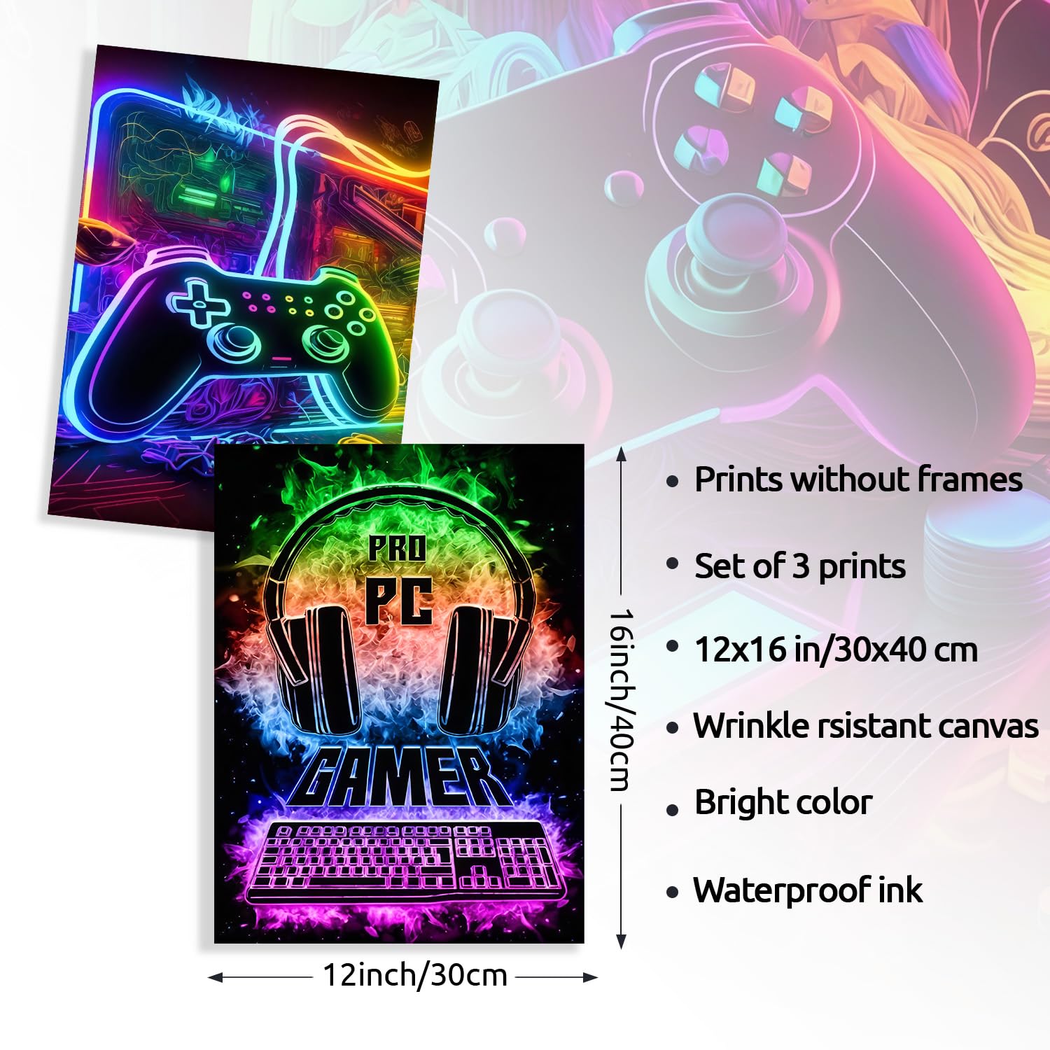 Dazzlewall 3Pcs Impresiones de Arte de Pared de Juegos Enmarcadas Cool Neon Gaming Posterspara Habitación de Adolescentes Decoración de Sala de Juegos de Dormitorio 12x16 in