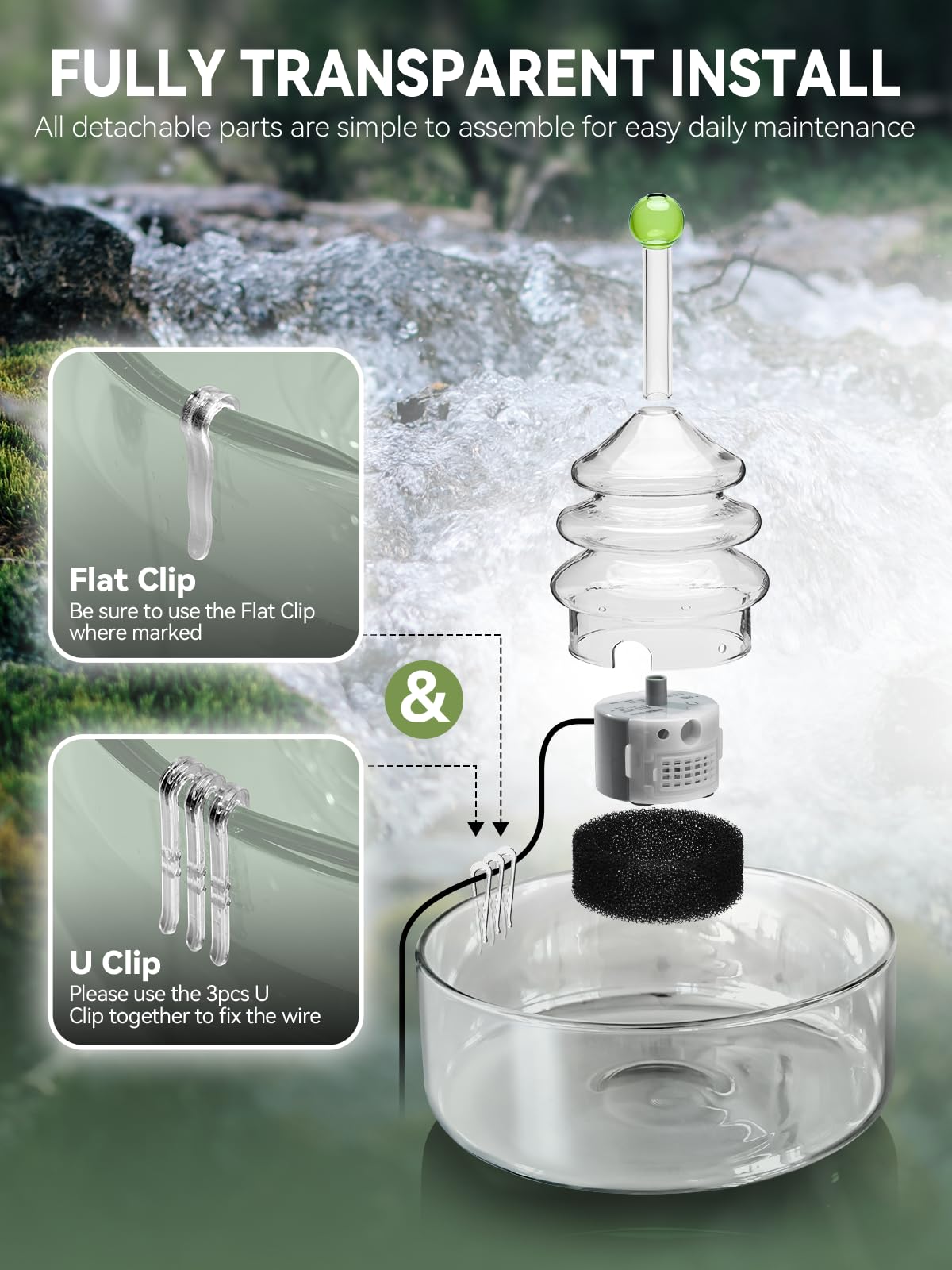 Fuente de agua de vidrio para gatos, fuente de vidrio para mascotas de 3.2 L/108 onzas con luz LED, dispensador de agua automático para gatos