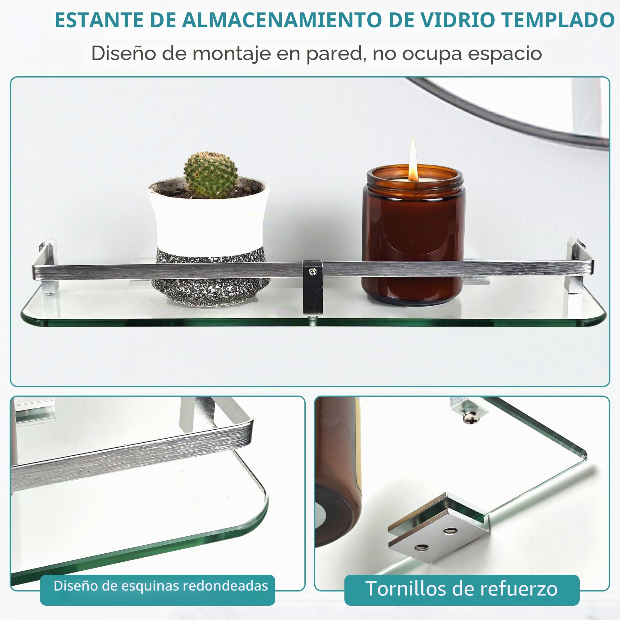 Estantes de cristal de baño montados en la pared, estante de baño de vidrio templado de 40 cm con riel, estante de baño extragrueso de 6 mm