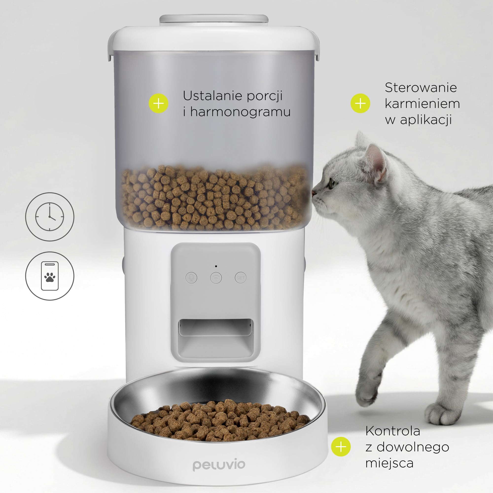 Peluvio Crispy Wi-Fi automatyczny dozownik karmy dla psa z aplikacją Wi-Fi, timerem i nagrywaniem głosu, do 10 posiłków dziennie, pojemnik na suchą karmę 4,5 l, 5-15 mm, 2,5 m kabel zapobiegający