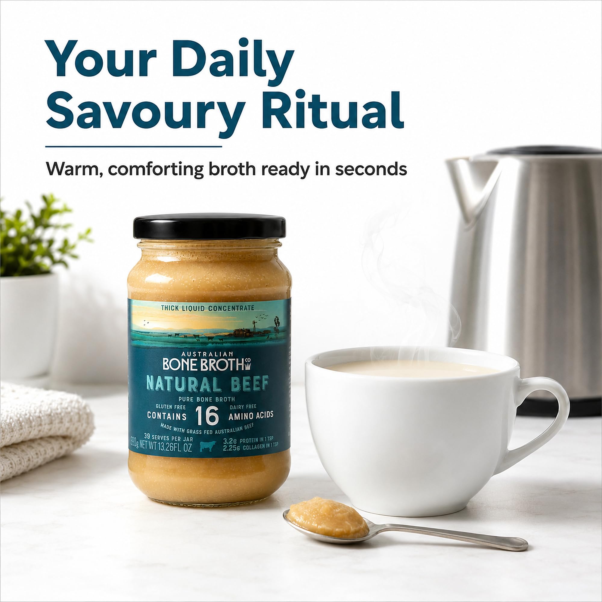 Brodo australiano di manzo concentrato - Bevanda istantanea di brodo di ossa naturale - Senza glutine e latticini - Ideale per zuppe, brodo, brodo da bere - Barattolo di 375 g