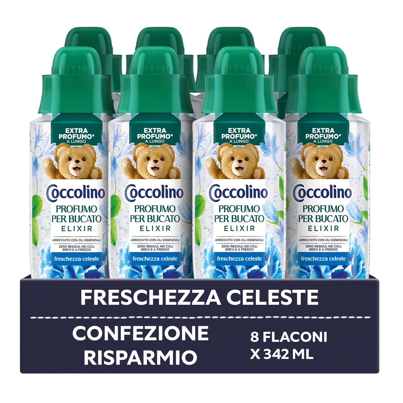 Coccolino Profumo per Bucato Freschezza Celeste, Extra Profumo* a lungo. Efficace Anche a Freddo e nei Cicli Brevi, con note di fragranza Patchouli, Lavanda, Eucalipto, 8 Pezzi da 342ml