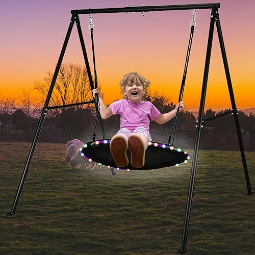 Miniatura 2 de Juego de columpio de 440 libras para patio trasero con platillo LED de 40 pulgadas y soporte de metal resistente con marco en A, juego de columpios