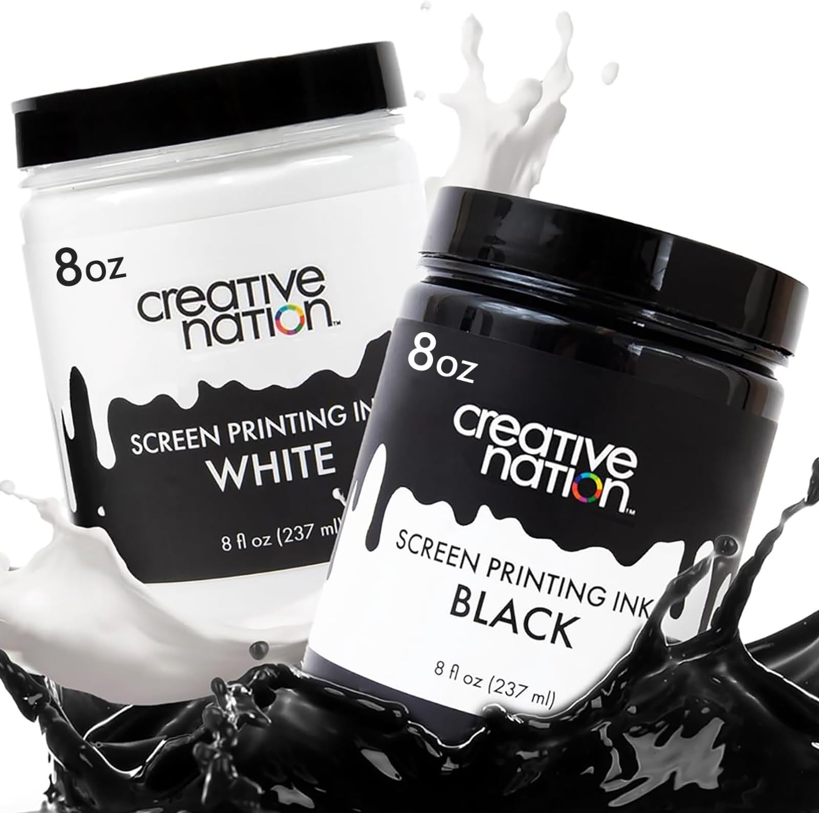 Fabric Screen Printing Ink 2-Pack - 16 Oz. of Water Based, High Opacity Ink for T-Shirt Silkscreen Printmaking - Screen Printing Paint Ink for Textiles (White & Black)