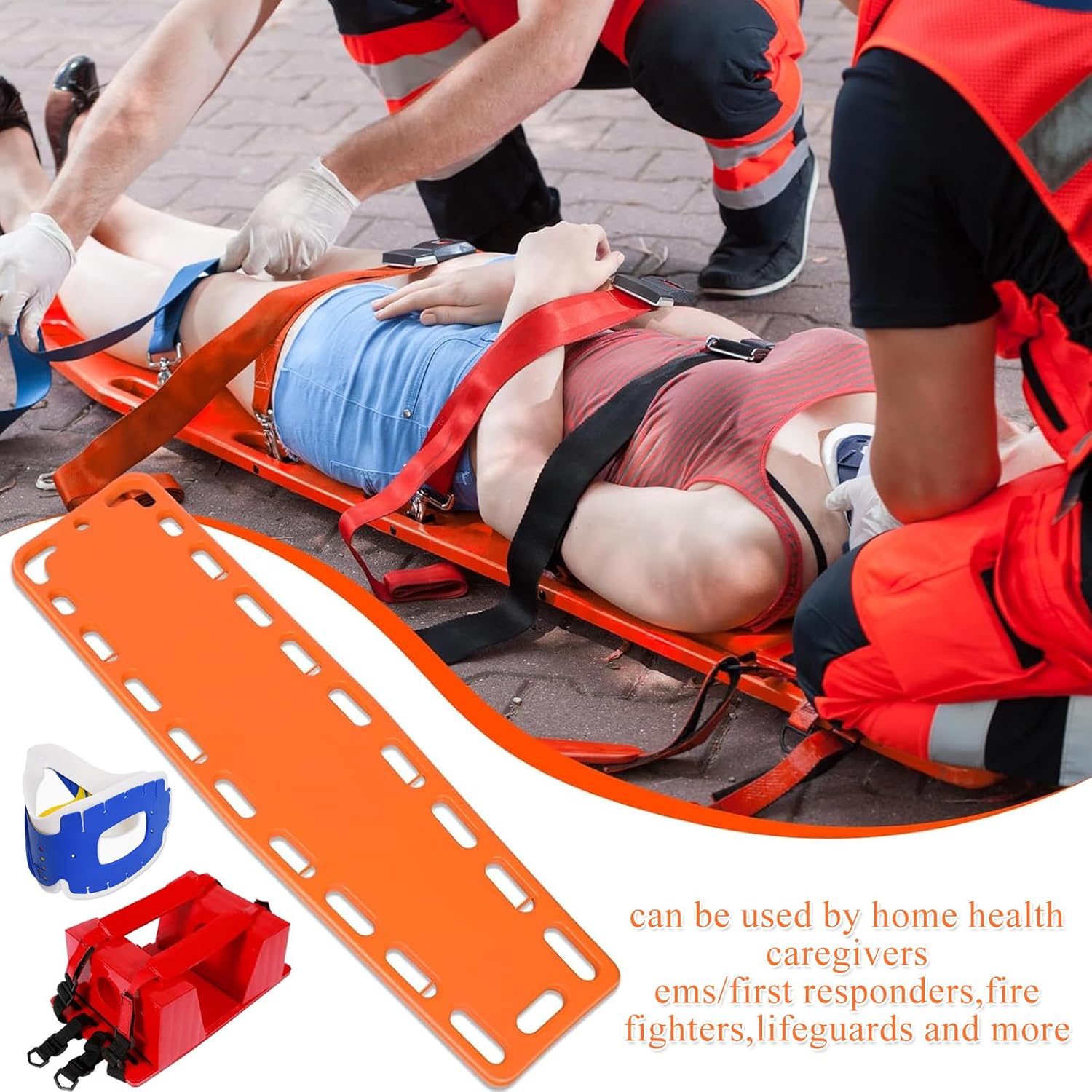 Spine Board Stretcher Backboard - Portable Backboard Immobilization System with Neck Brace & Head Bed/3 Adjustable bindings, Lightweight PE Plastics Ambulance Stretcher Gurney