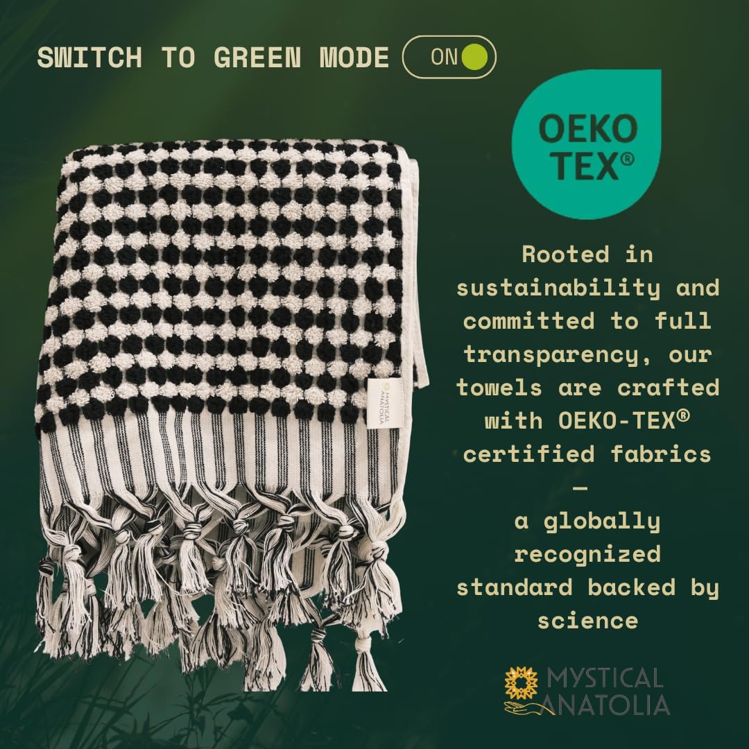 mysticalanatolia Organic Turkish Cotton Towel 36''x67'' Oversize Lightweight Quick Dry Soft Absorbent Pom Pom Tassel Black Luxury Bath Beach Spa