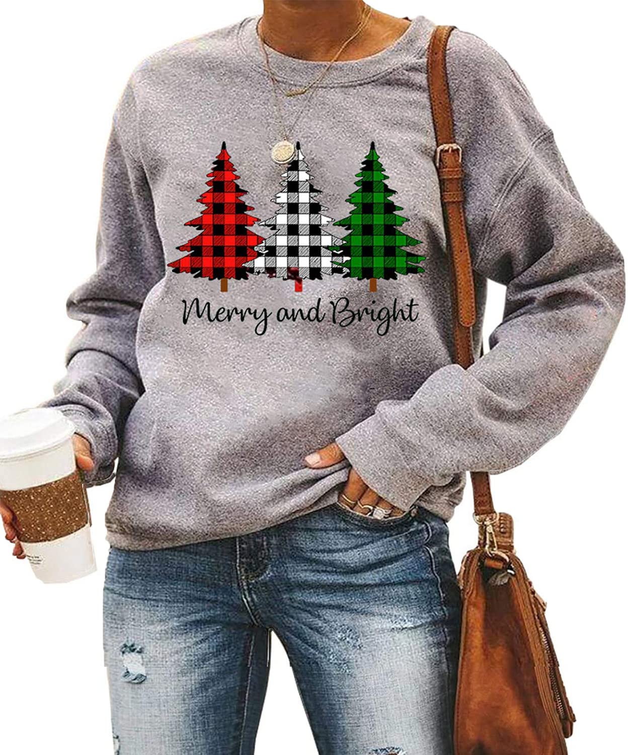 TAOHONGMerry and Bright Shirt Women Funny Leopard Printed Plaid Christmas Trees Long Sleeve Sweatshirts Xmas Graphic Tees Grey
