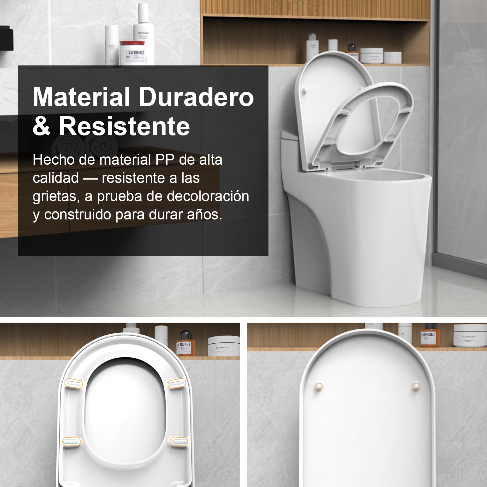 SURFOU Tapa wc Universal con Cierre Suave Forma D, Asiento de Inodoro de Polipropileno, Soporta hasta 200 kg, Desmontaje Rápido para Limpieza Fácil, con Gomas para Fijación Estable