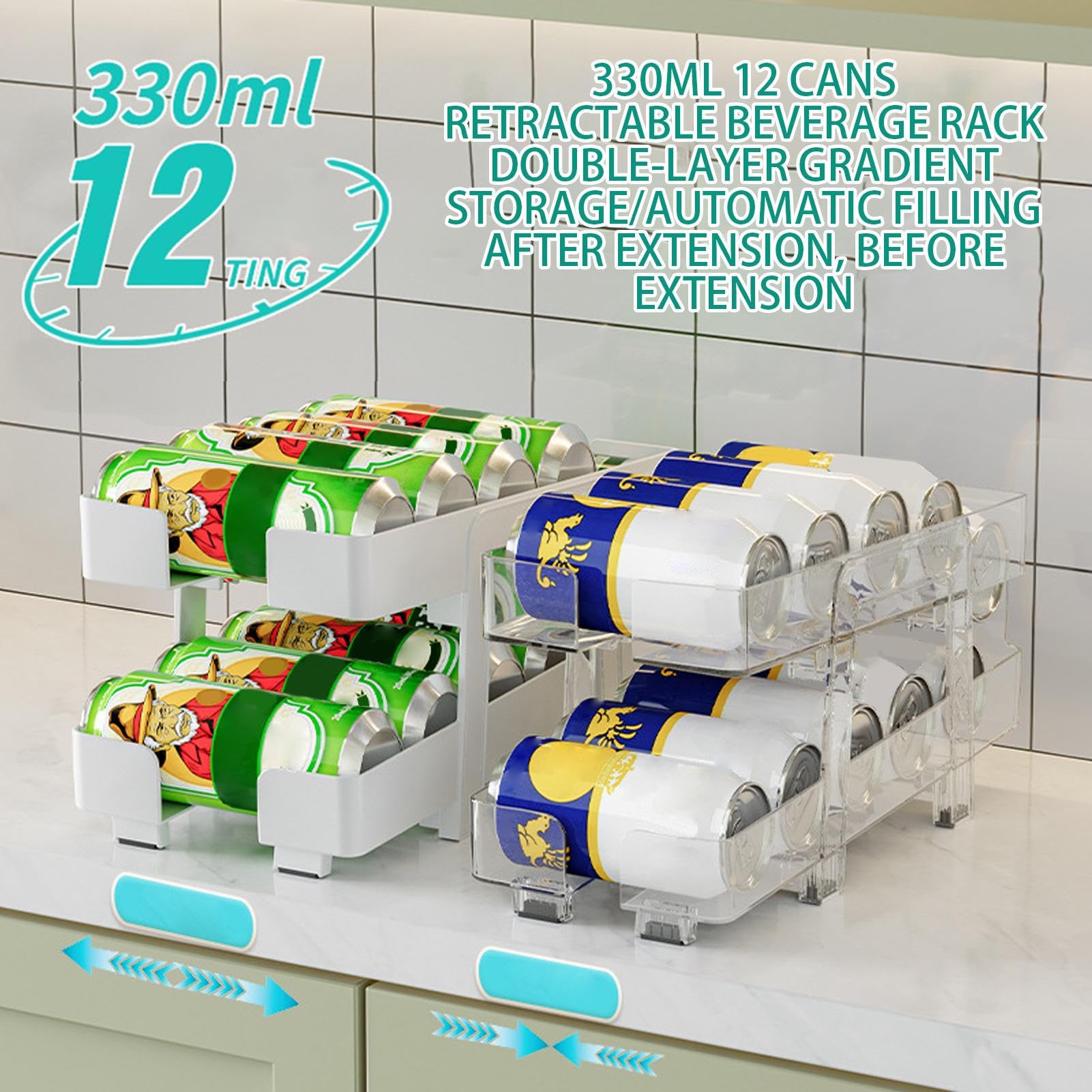 Organizador De Latas Soporte Doble Para Latas | Estante Para Bebidas Con Cesta De Ancho Ajustable, 2 Niveles, Dispenser Retráctil Con Ruedas Para Cocina, ,