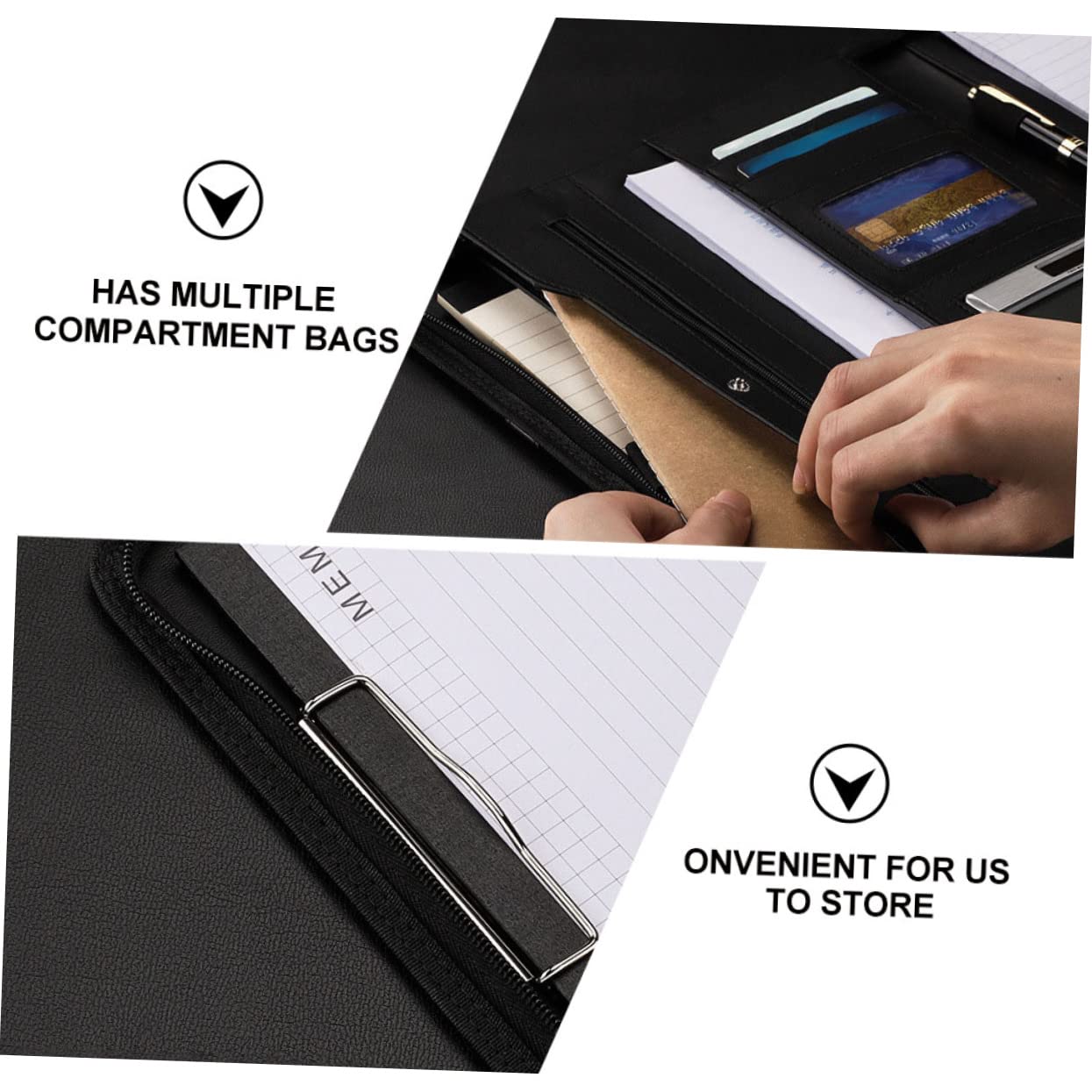 Carpeta de Negocios A4 con Cremallera, Pu Negro Elegante | Incluye Cuaderno A4, Varios Compartimentos, Formato Portátil y Acabado de Cuero Sintético