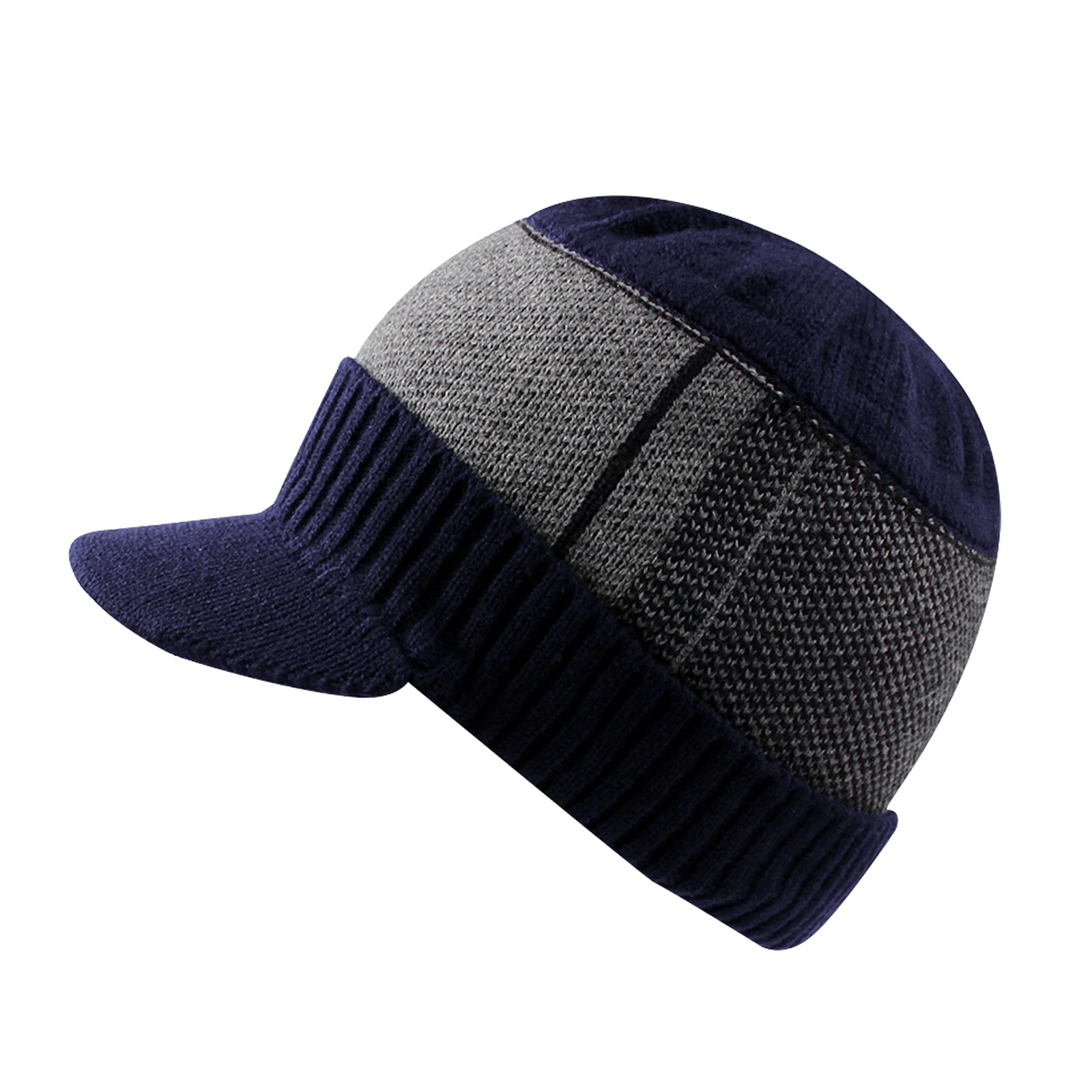 XIAOHAWANG Winter Men Hat Knit Cable Visor Beanie with Fleece Lining Patchwork Stripe Newsboy Cap with Brim for Outdoor Sport (Navy)