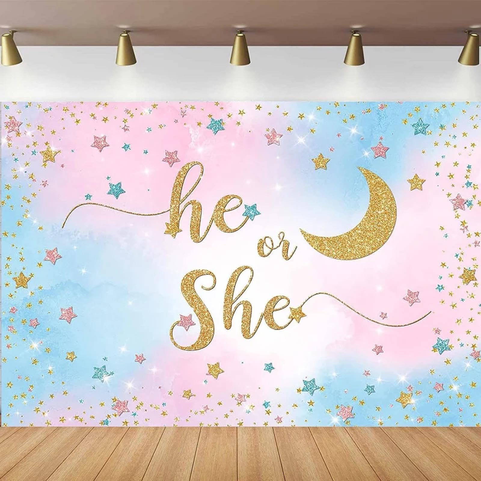 Tło fotograficzne ujawniające płeć dziecka, niebieskie lub różowe chmury, migoczące gwiazdy, dekoracja na baby shower, akcesoria do studia fotograficznego 440 x 300 cm