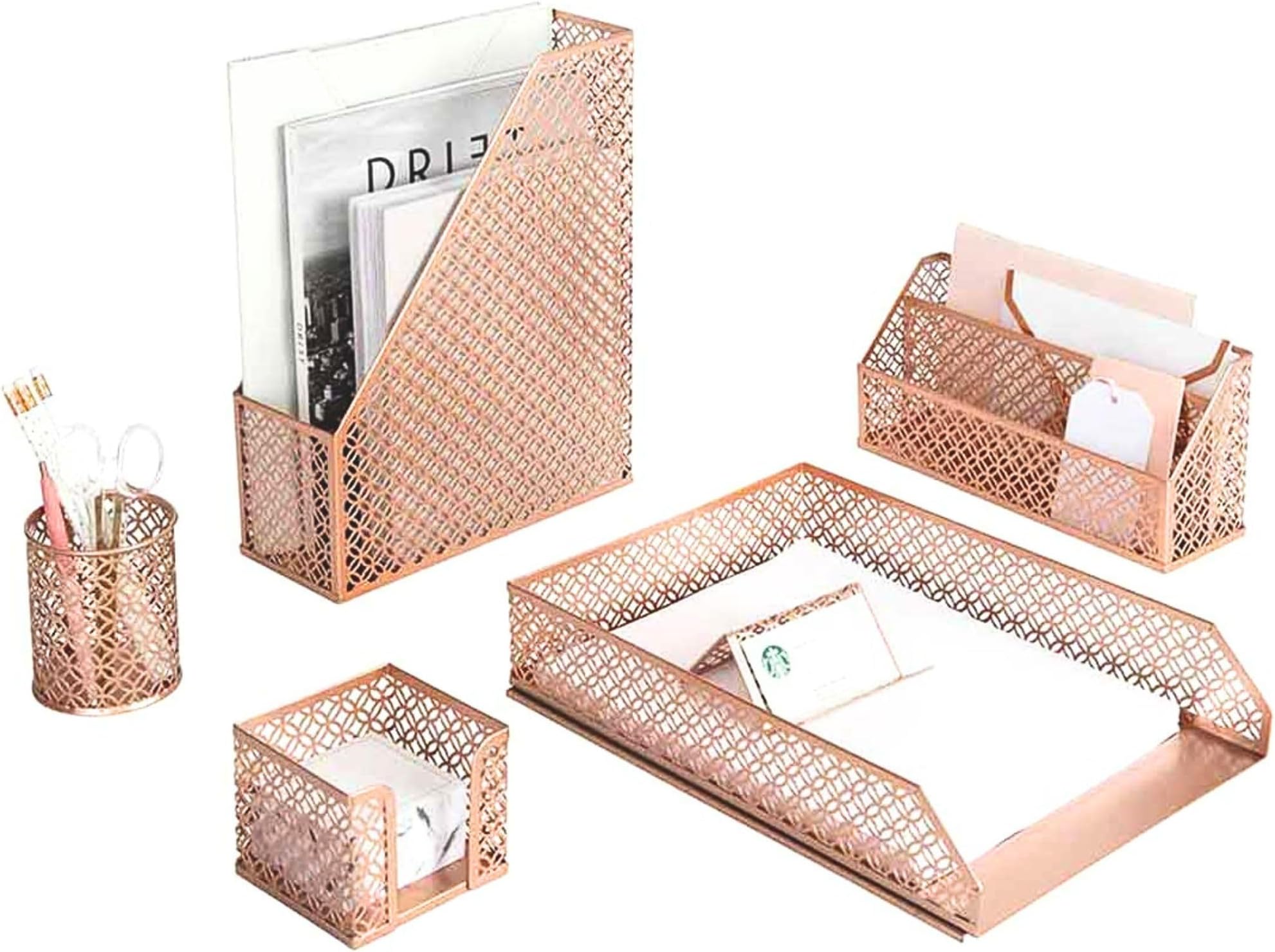 Blu Monaco 6 Piece Rose Gold Desk Organizer Set - Desk Sets- Office Set- Rose Gold Desk Accessories - Desktop Organization