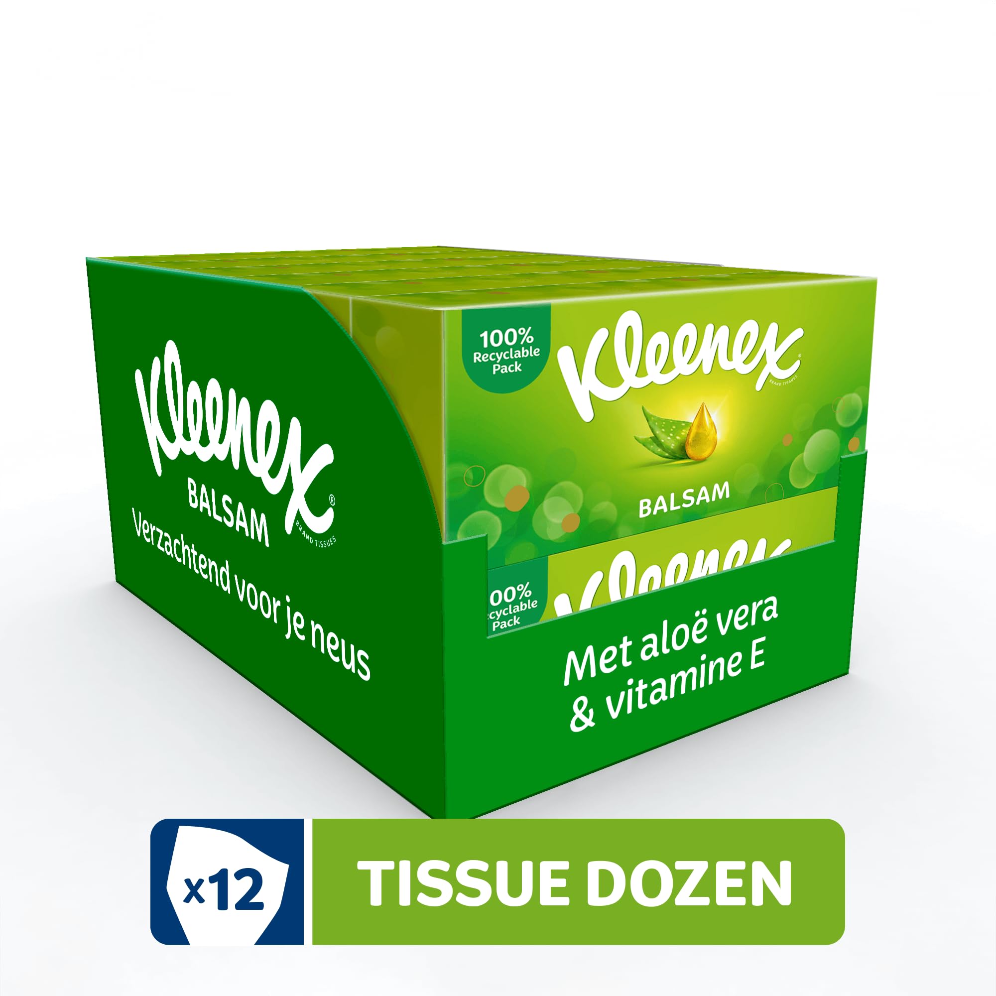 Kleenex Tejidos de bálsamo - 12 cajas de pañuelos - 768 pañuelos - 12 x 64 Piezas - Embalaje de ventaja - con bálsamo de caléndula - previene una nariz roja