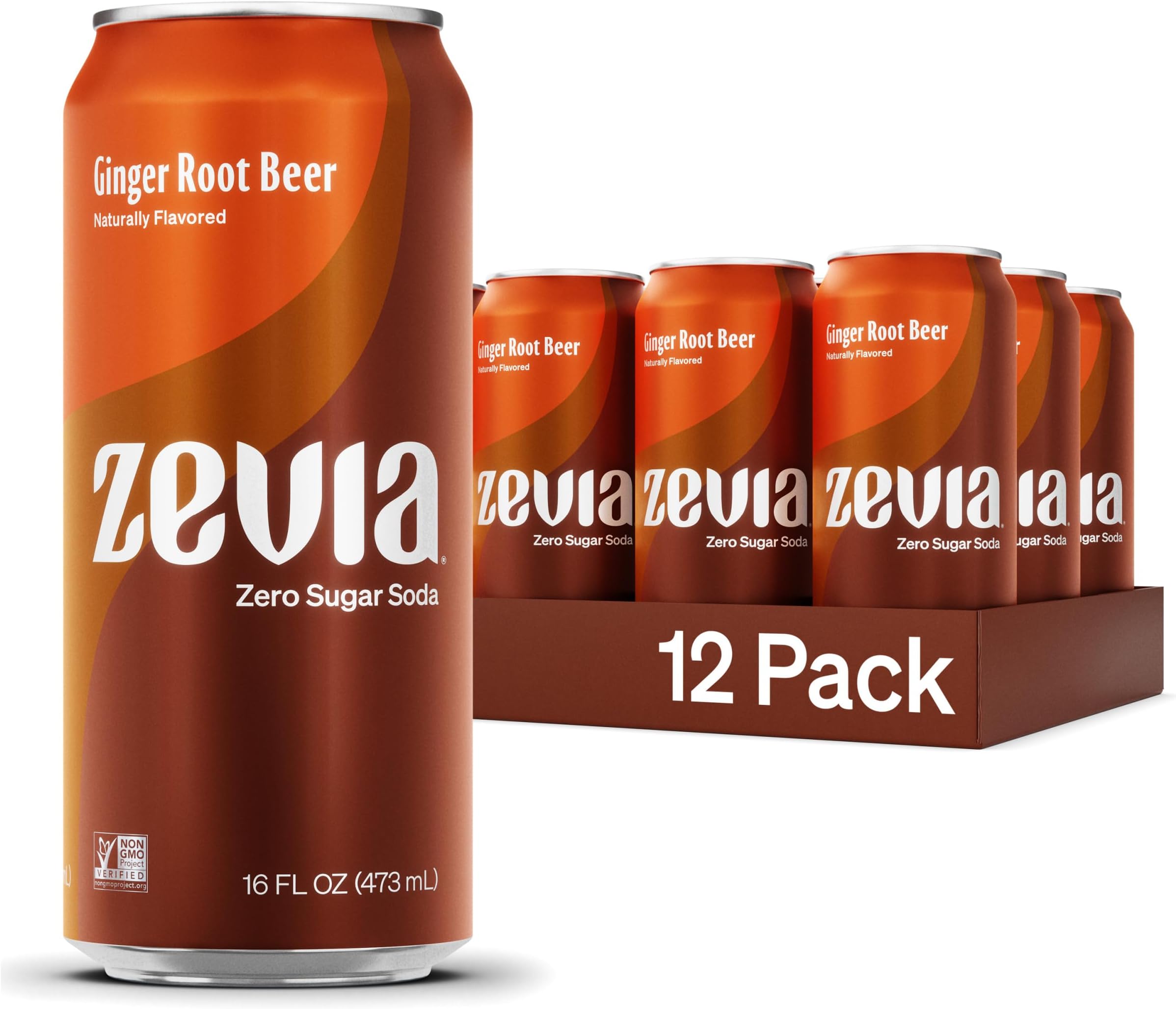 Zevia Zero Sugar Soda, Ginger Root Beer, 16 oz Cans (12-Pack) – Naturally Sweetened, Non-GMO Project Verified, Gluten-Free, Vegan