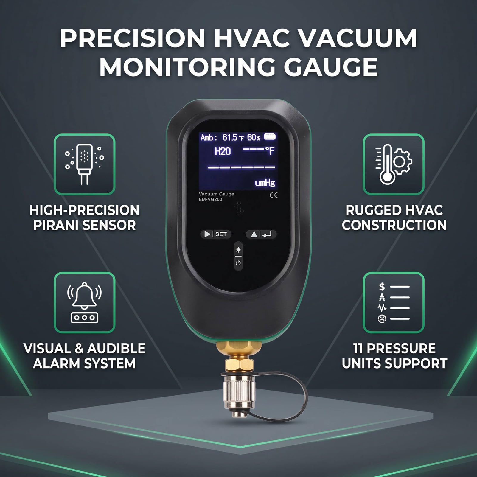 Yanmis Medidor de Vacío Digital 7/16-20UNF 0-75000 Micras HVAC Medidor de Micras con Sensor Pirani, 11 Unidades 1/4 Pulgadas SAE, Alarma Visual para de Refrigeración