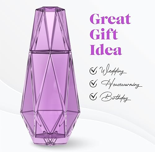 Miniatura 8 de American Atelier Juego de 2 jarras y vasos geométricos modernos, jarra de cristal con tapa de taza, elegante jarra y vaso a juego, oficina en morado