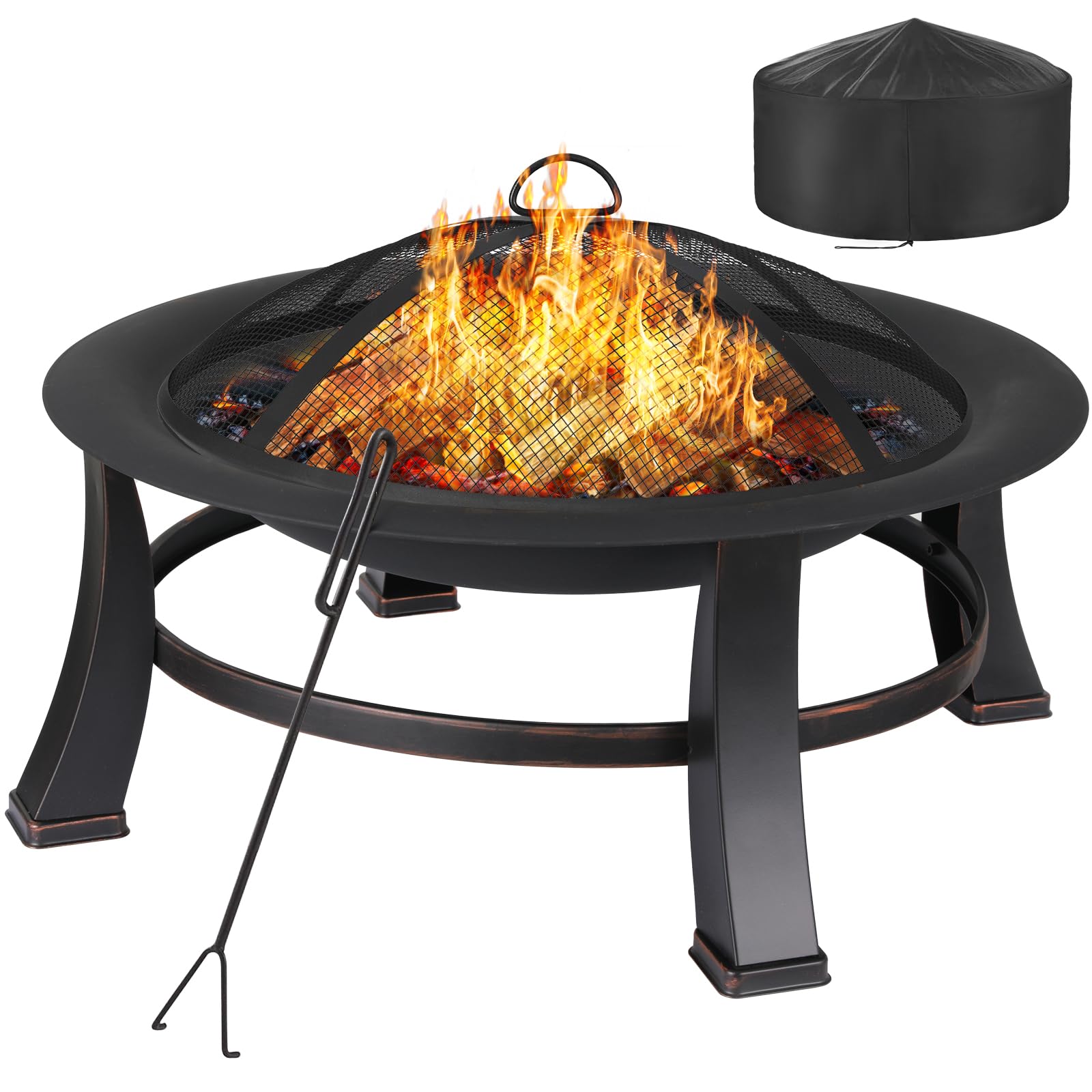 TLGREEN Brasero Exterieur Jardin, Ø 76 cm Pozo de Fuego con Protector de Chispas y Atizador, Brasero Barbacoa con Rejilla para Jardín y Terraza, Parrilla Brasero al Aire Libre de Aspecto Retro