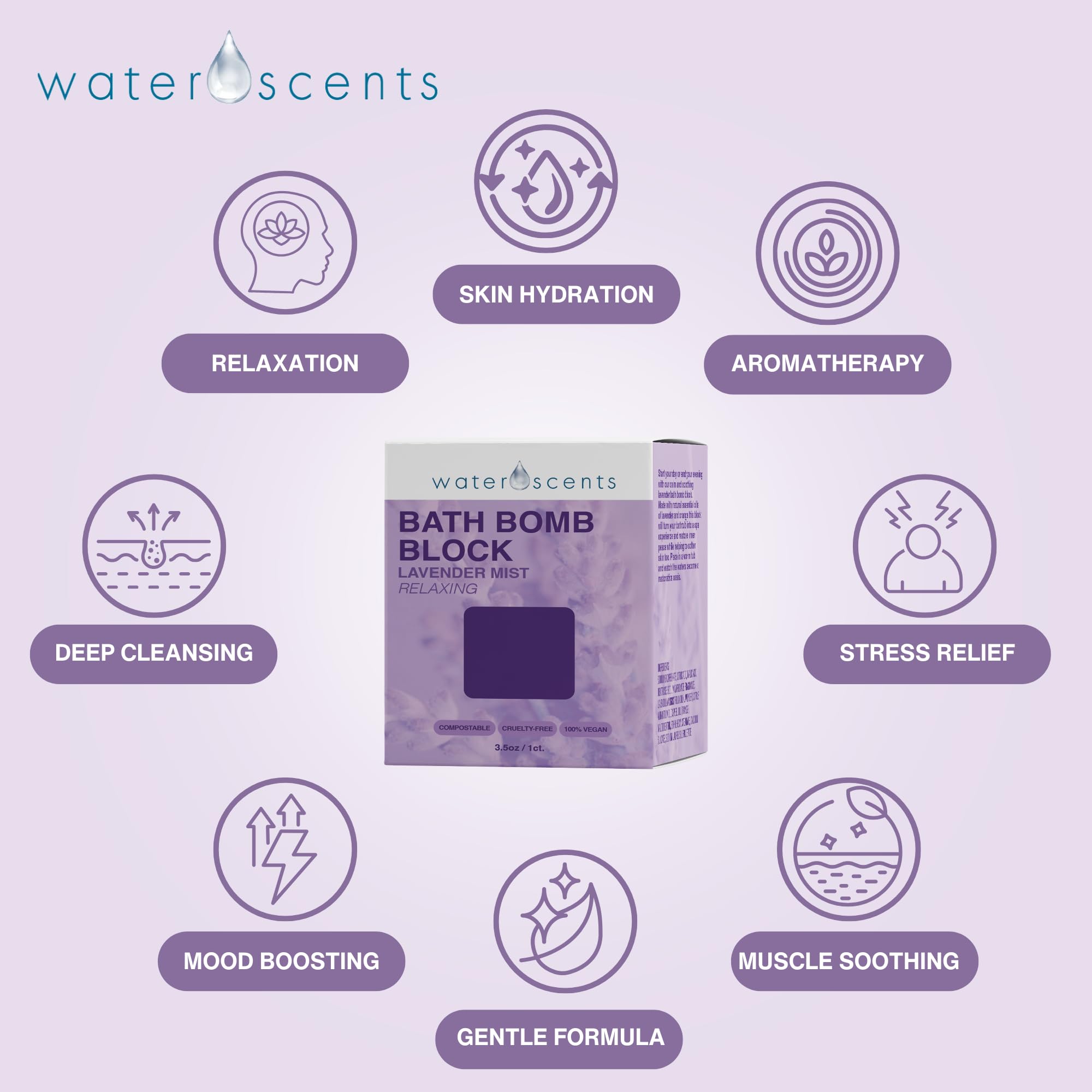 Water Scents Lavender Mist Bath Bomb Block | Vegan, Cruelty-Free & Natural | Lavender Aromatherapy Bath Bomb for Stress Relief & Moisturizing | Handmade Spa Gift for Women, 3.5 oz