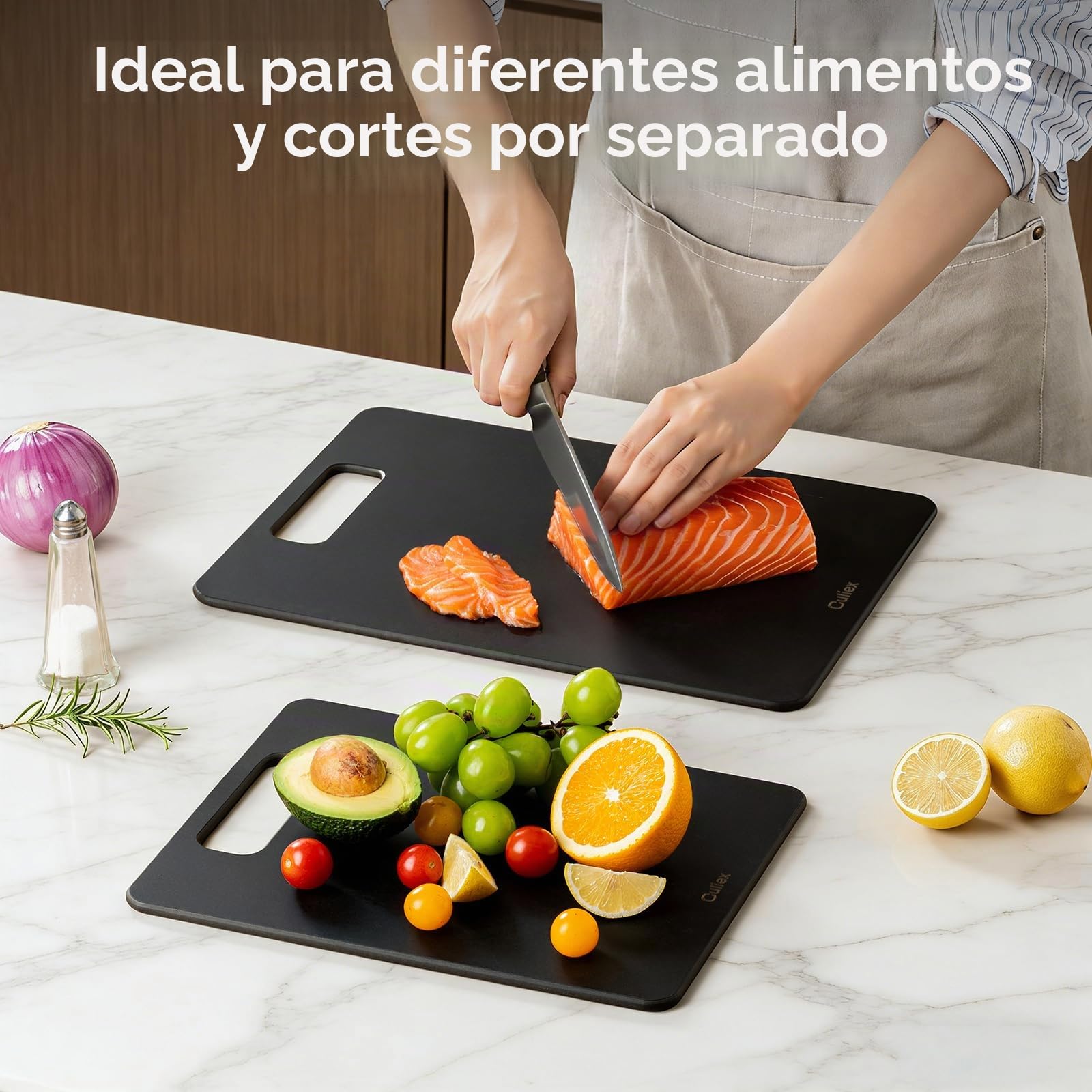 Tabla de Cortar de Fibra de Madera, Juego de 2 Wood Chopping Board, Apto para Lavavajillas, Alta Densidad, No Tóxico, Libre de BPA, Base Antideslizante, Ideal para la Cocina y Como Regalo