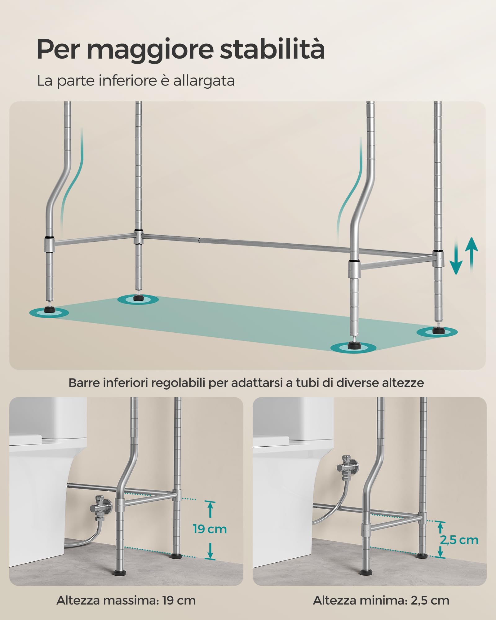 SONGMICS Scaffale sopra WC a 4 Ripiani, Scaffale da Bagno in Metallo, Ripiani Regolabili, con 4 Ganci e Portarotolo, Salvaspazio, 30 x 83 x 176 cm, Grigio Tortora BTS023G01