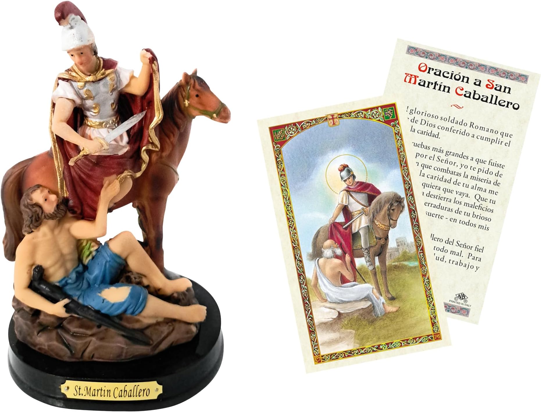 Trendzeen San Martin Caballero Statue - 5 Inch Saint Martin Statue for Home Decor, Altar - Catholic Card Set of 2 Items