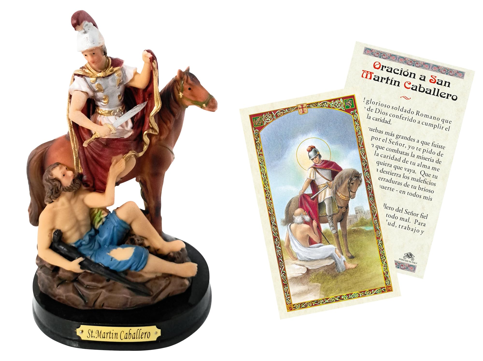 San Martin Caballero Estatua - Oracion A San Martin Caballero - 5 inch San Martin Caballero Statue for Home Decor, Altar - Saint Martin Caballero Statue, Catholic Card Set of 2 Items