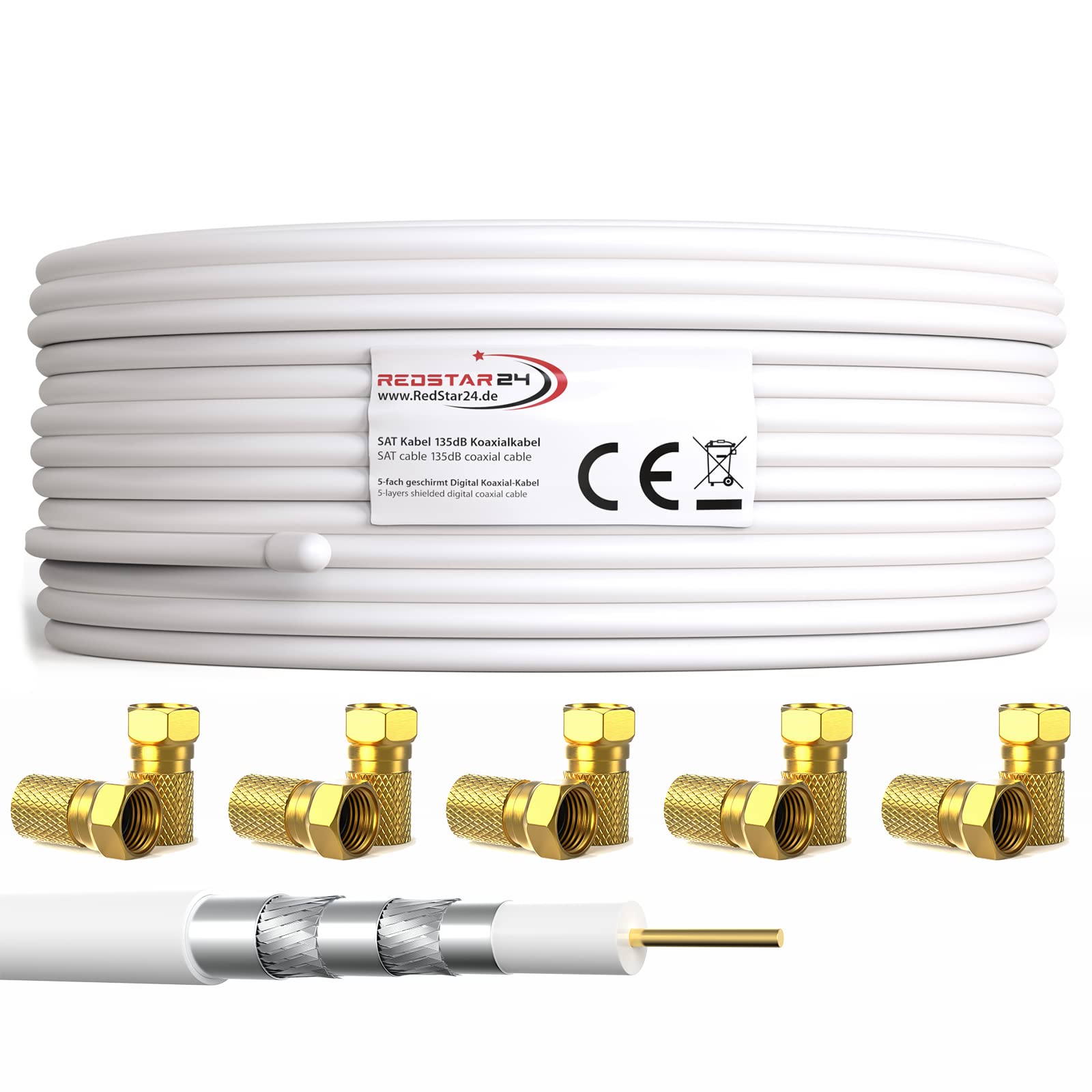 RedStar24 Cavo Coassiale SAT 100m 135dB Digitale | Classe A+ | Schermatura a 5 Strati per Ultra HD 4K DVB-S/S2, DVB-C/C2, DVB-T | Cavo Antenna Coassiale | 10 Connettori F | Bianco 100 Metri
