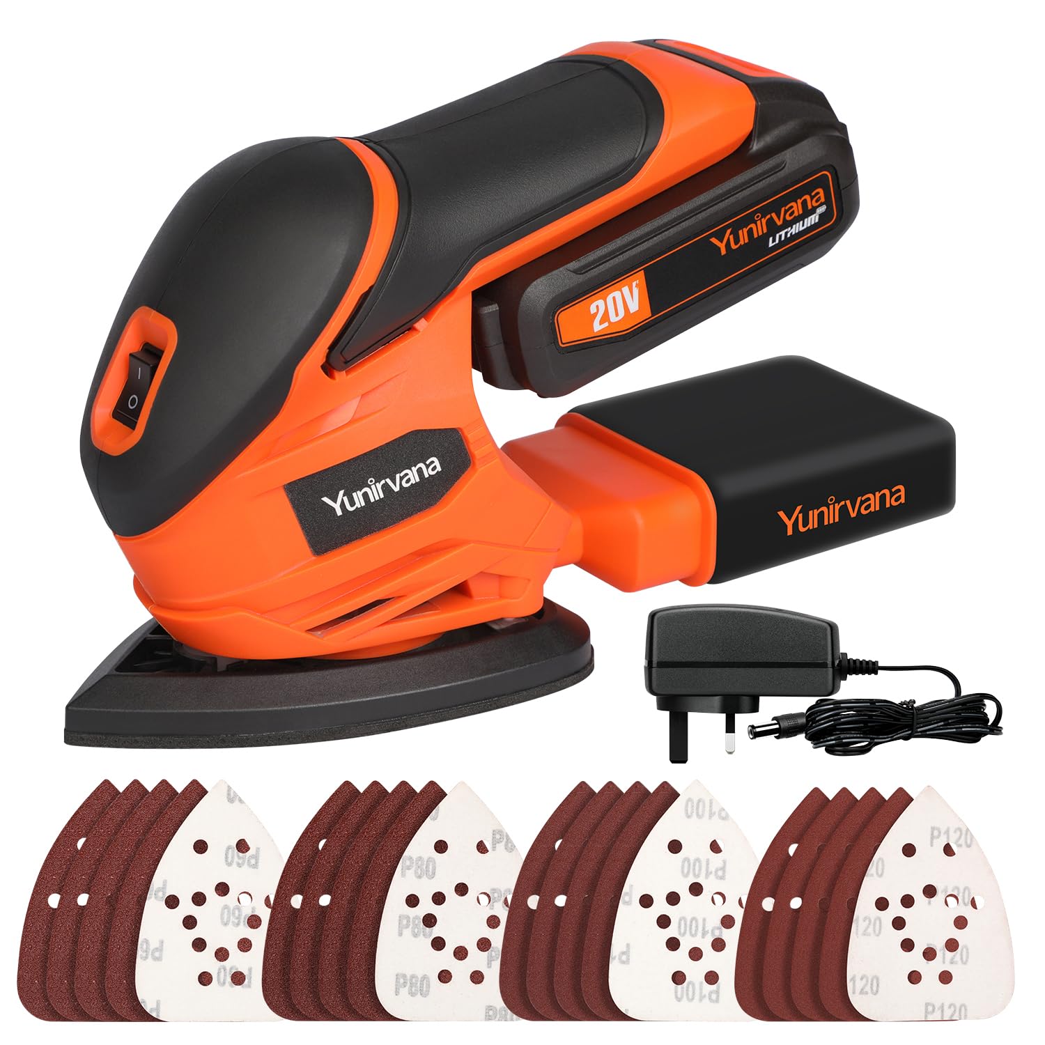 Yunirvana Cordless Detail Sanders 20V, 20Pcs Sandpapers,12000 RPM Sanders with Dust Collection System for Tight Spaces Sanding in Home Decoration, Battery and Charger Included