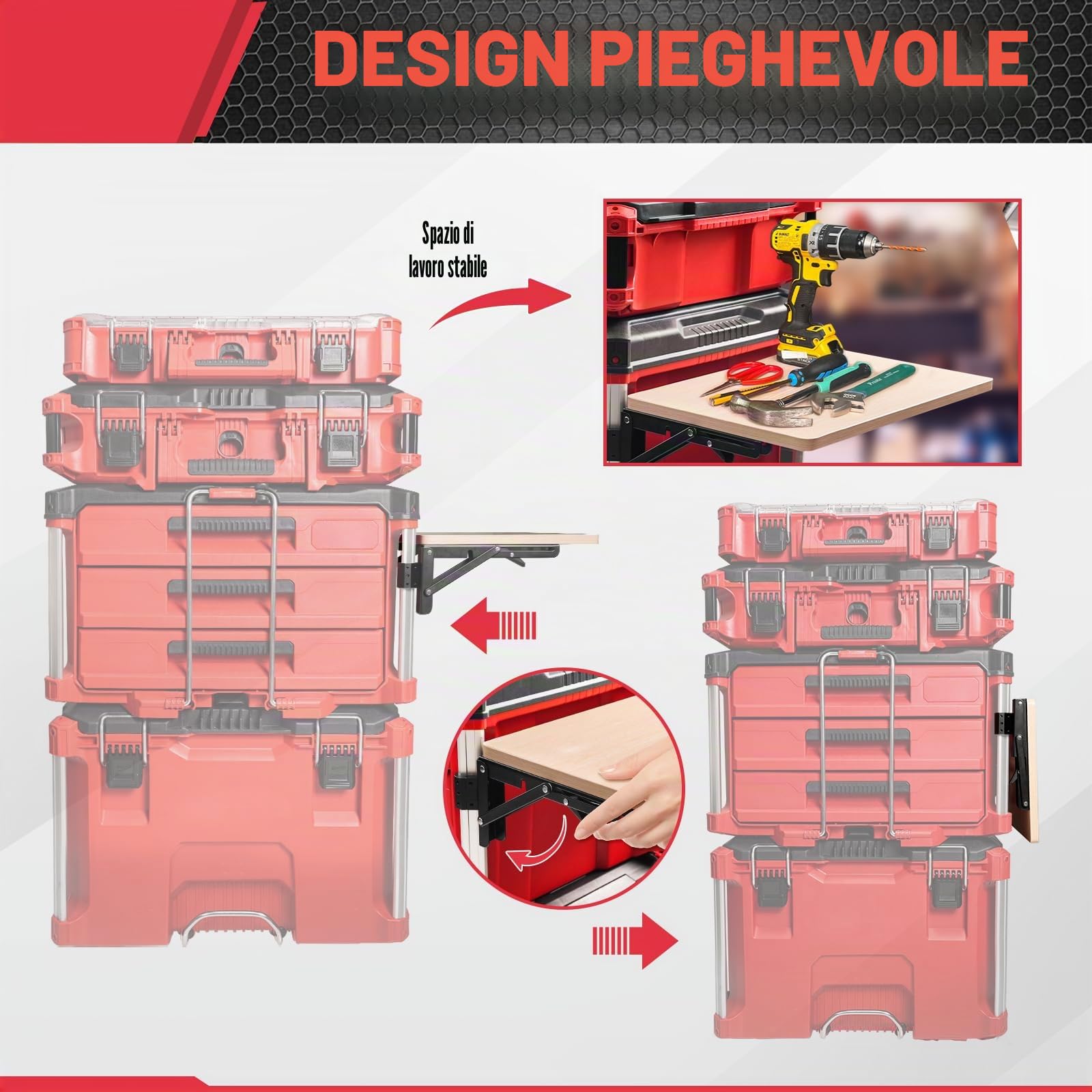 Stabile tavolo da lavoro pieghevole compatibile con valigetta degli attrezzi Milwaukee Packout, ripiano laterale per il vostro sistema Packout
