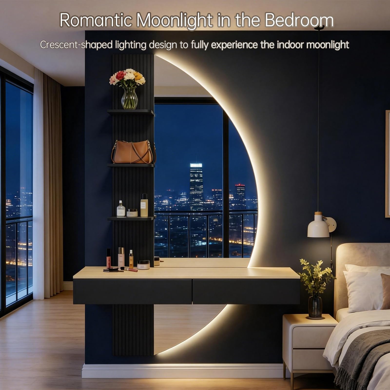 TRIUMPHKEY Tavolo da Trucco da Parete con Illuminazione LED e Grande Specchio HD – Mobile da Trucco Sospeso con Cassetti, Touch Dimmer e 3 Temperature di Colore (Nero)