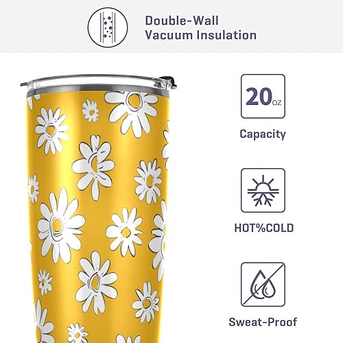 Miniatura 4 de Tazas de acero inoxidable con margaritas amarillas para calor y frío, con tapa y popote para café, lindo vaso aislado para bebidas calientes, 20