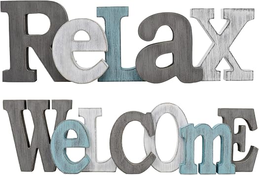 KiliPES Wood Welcome Wall Hanging, Rustic Freestanding Wooden Word Sign, Teal Table Top or Wall Decor