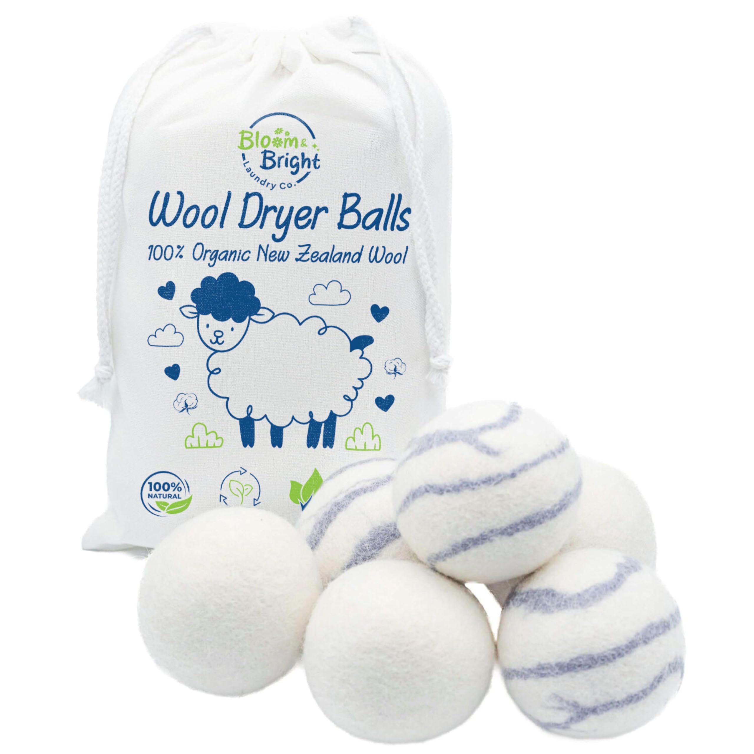 Organic Wool Dryer Balls Laundry Reusable (Set of 6) XL - 100% Pure New Zealand Wool - Natural Anti Static Fabric Softener Balls