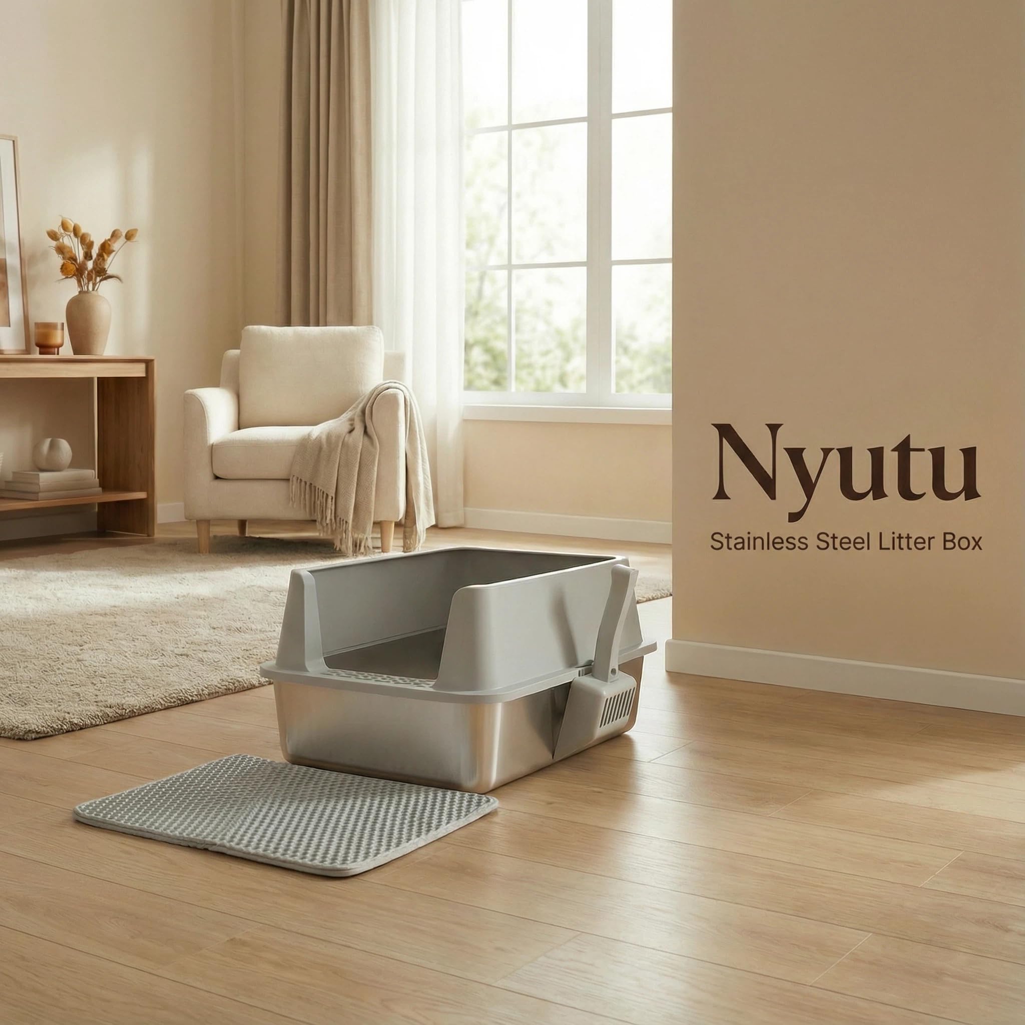 XL Stainless Steel Litter Box with Lid, Extra Large High Sided Metal Cat Litter Box with Mat and Scooper, Easy Clean, Non Stick & No Smell - image 8