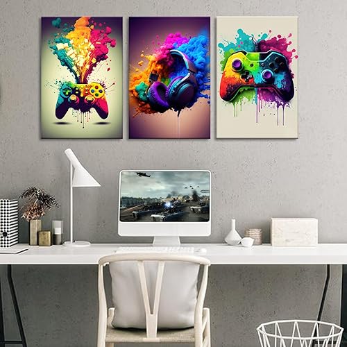 Miniatura 9 de Framed 3 Piece Game Room Decorative Wall Art Color Video Game Handle Earphone Graffiti Theme Poster Neon Light Poster Print Picture Children Youth