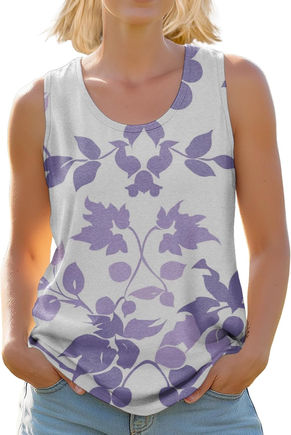 Beach Vacation Shirts for Women Sleeveless Floral Graphic Tees Crewneck Tops Boho Summer Casual Loose Clothes