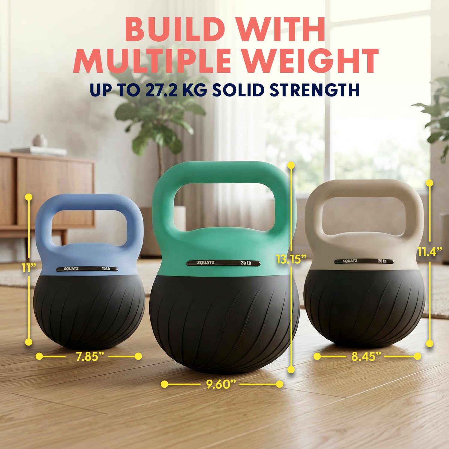 Squatz Soft Drop Kettlebell zestaw do treningu siłowego w domu – zestaw hantli kettlebell z amortyzowaną podstawą i szerokim uchwytem, bezpieczna konstrukcja, 6,8 kg, 9,1 kg i 25 lbs do treningu