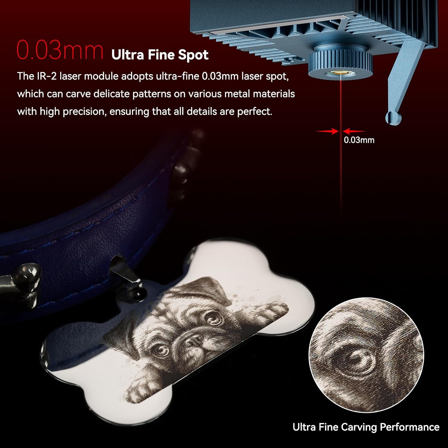 Close-up of 0.03mm ultra-fine laser spot engraving a detailed pug image on a bone-shaped metal tag
