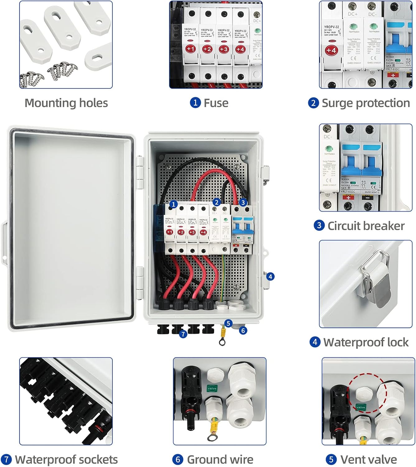 Solar PV Combiner Box, 4 String with 10A Rated Current Fuse, 63A Circuit Breaker, a High-Voltage Lightning Arrester, 2 Surge Protection Devices, IP65 Waterproof