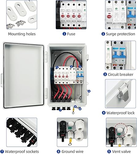 Miniatura 2 de Caja combinadora fotovoltaica, 4 cuerdas, caja combinadora solar con fusible de corriente nominal de 10A, disyuntor de 63A, arreste de rayos y