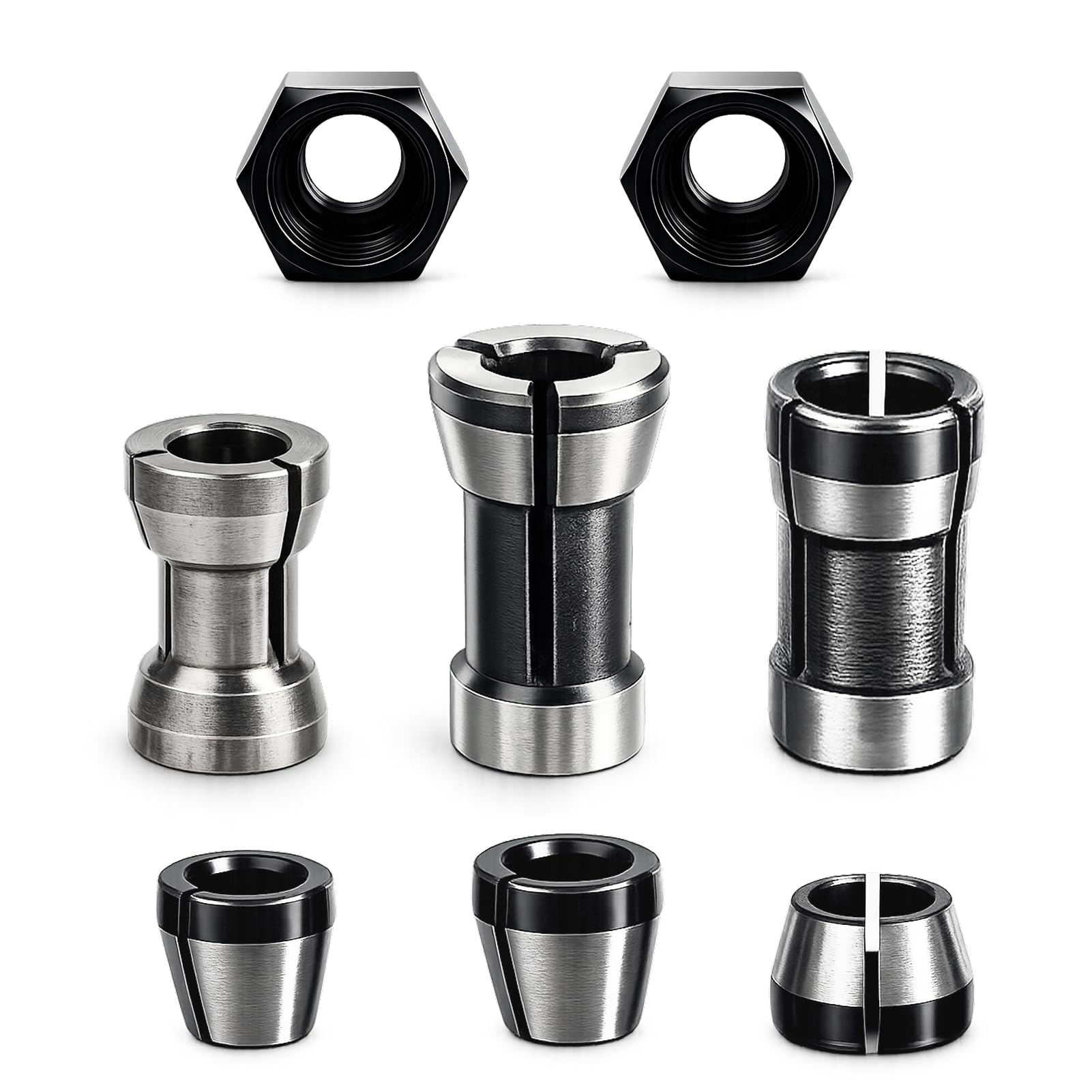 Set di 8 pinze di serraggio per fresatrice, 6 adattatori (6/6,35/8 mm) + 2 dadi, pinza di serraggio per fresa in acciaio, accessori per fresatrice Bosch, mandrino per incisione e lavorazione del legno