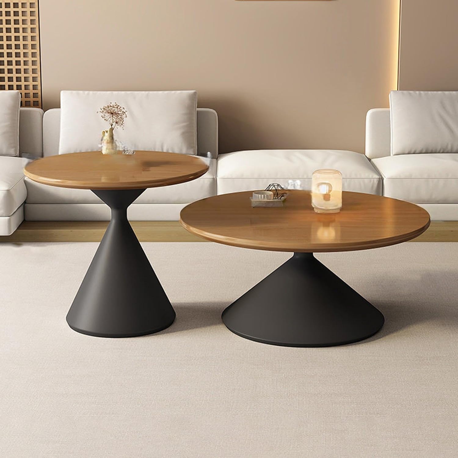 Nesting Coffee Table Set of 2,Round Coffee Tables for Living Room,Versatile Wood Low Tea Table,Space Saving,for Balcony Bedroom Apartment Office(Natural,80x40cm+50x55cm)